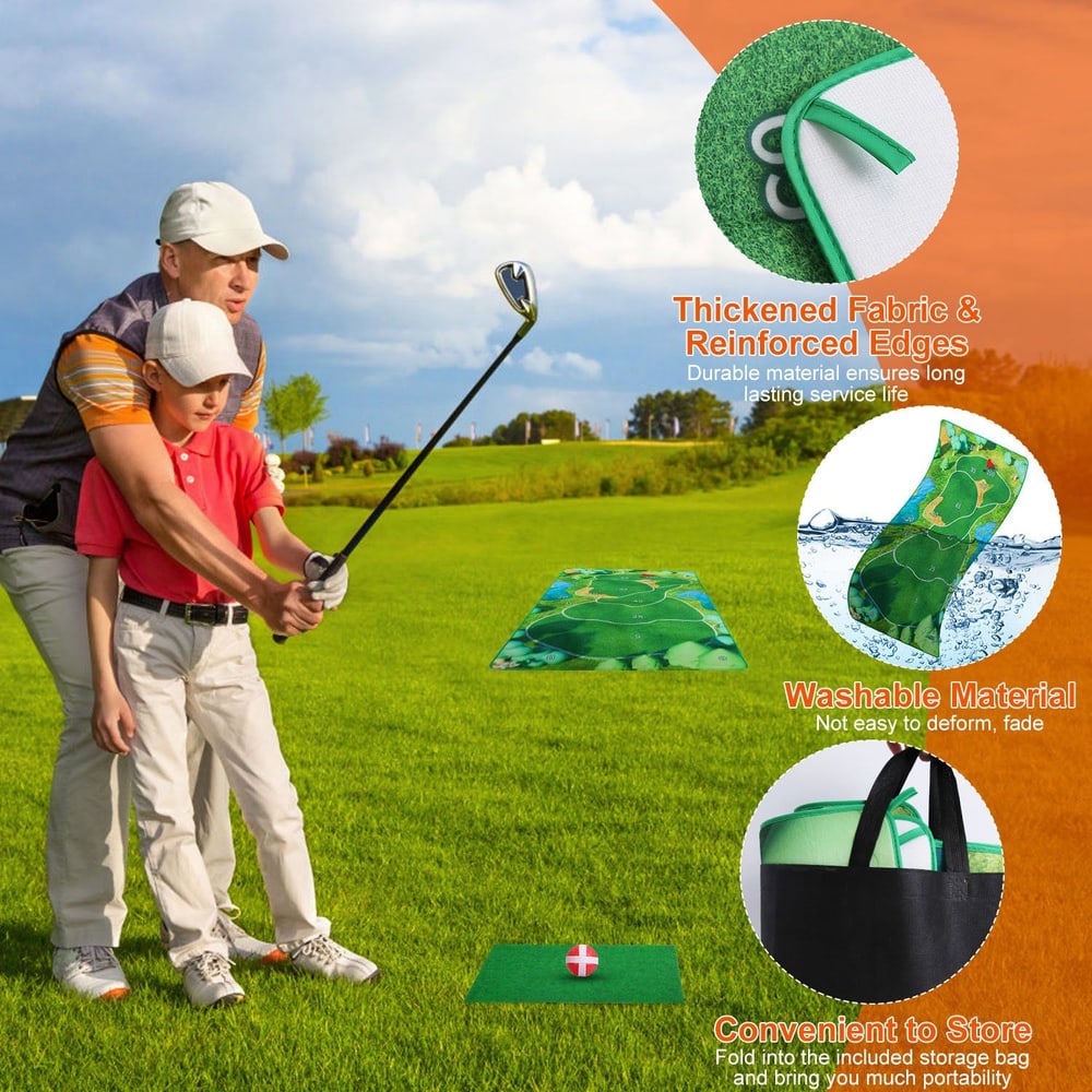 Durable golf training mat with thickened fabric and reinforced edges, designed for kids and adults, featuring washability and easy storage in a convenient bag.