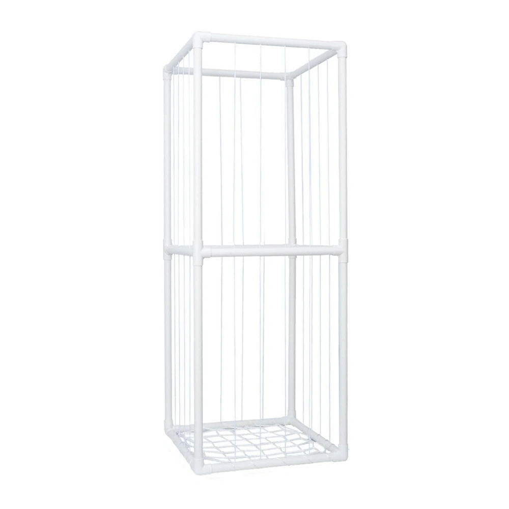 White multi-purpose storage cage with open sides and a grid bottom, designed for organizing various items.