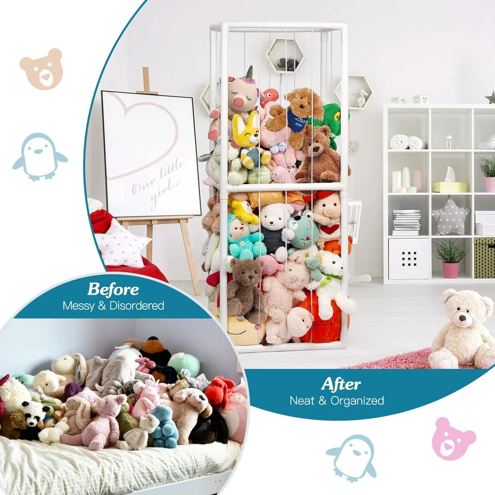 Image showing a toy storage transformation from a messy bed full of plush toys to an organized display of stuffed animals in a neat storage unit, illustrating effective toy organization for children's rooms.