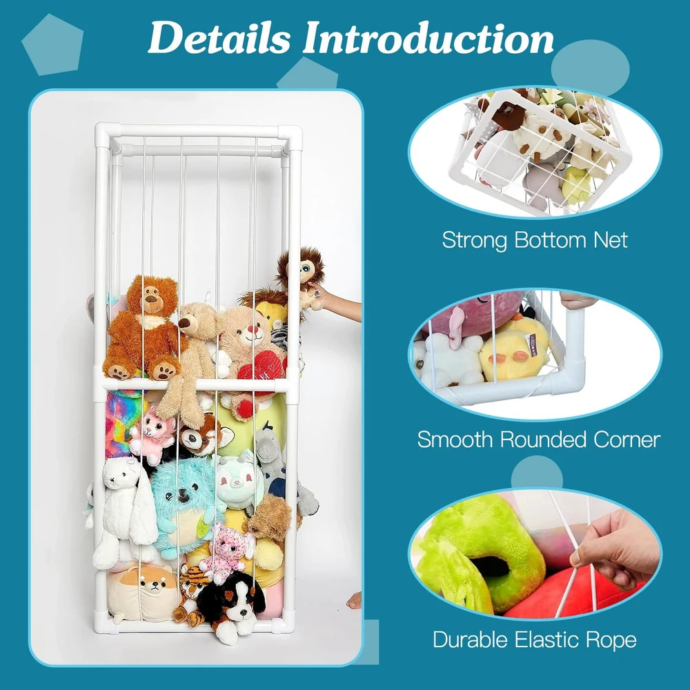 Child's toy organizer holding various plush animals, featuring a sturdy white frame with smooth rounded corners, a strong bottom net, and a durable elastic rope for easy access.