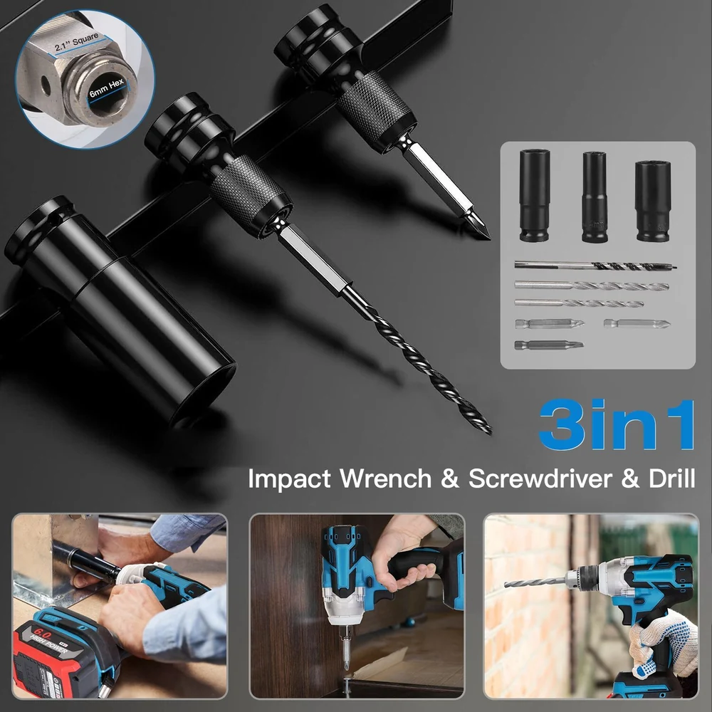 Three-in-one tool set featuring an impact wrench, screwdriver, and drill with multiple attachments, displayed against a sleek black background, highlighting versatility and efficiency in home improvement projects.