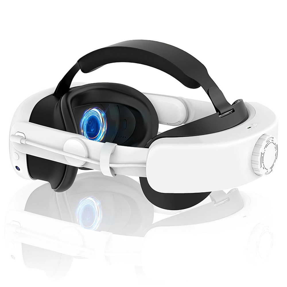 Advanced virtual reality headset featuring a sleek white design with black accents, adjustable head strap, and bright blue lens for immersive gaming and entertainment experiences.