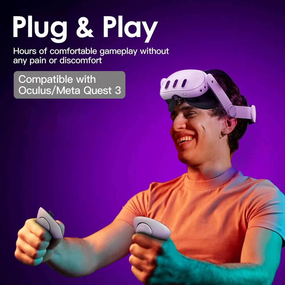 A person wearing a VR headset, holding controllers, with a vibrant purple background; promotes comfortable gameplay for Oculus/Meta Quest 3 with a "Plug & Play" design.