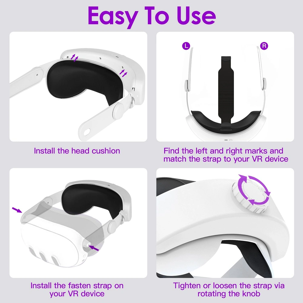 Step-by-step guide for installing a VR headset with head cushion, strap alignment, and adjustment knob for comfort.