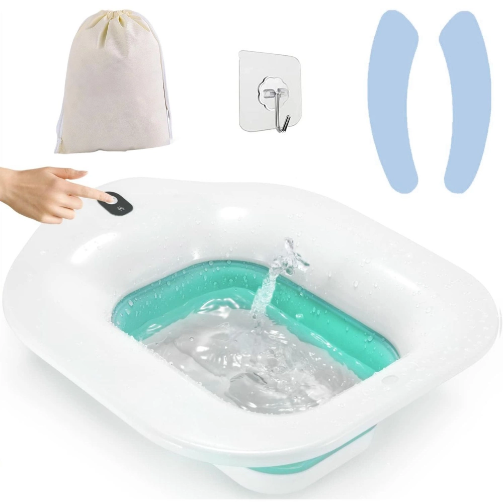 Inflatable portable bathtub with water running, a hand pressing the control button, a storage bag, wall hook, and two blue bath pads included. Ideal for comfortable bathing at home or on the go.