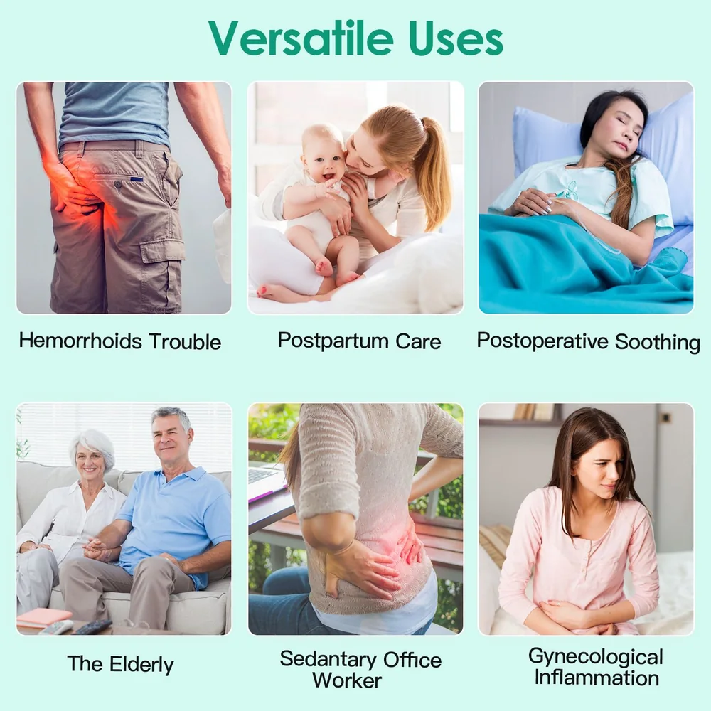 Image showcasing the versatile uses of a product for health relief, illustrating six scenarios: hemorrhoids discomfort, postpartum care, postoperative recovery, care for the elderly, support for sedentary office workers, and relief for gynecological inflammation.