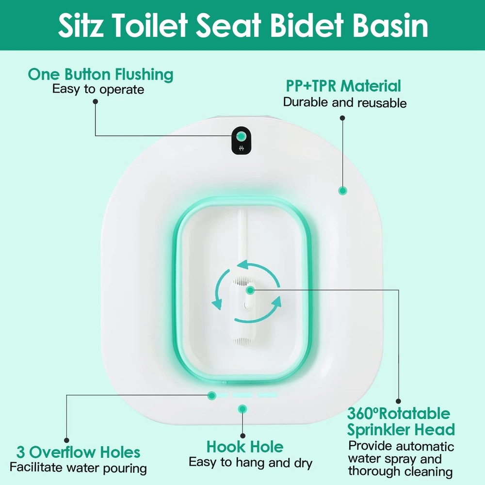 Sitz Toilet Seat Bidet Basin with one-button flushing, durable PP+TPR material, three overflow holes for easy water pouring, hook hole for hanging, and a 360° rotatable sprinkler head for automatic cleaning.