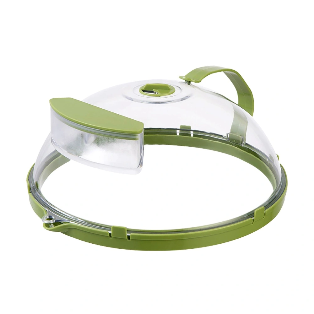 Transparent microwave food cover with green trim and a steam vent for easy food heating and prevention of splatters.