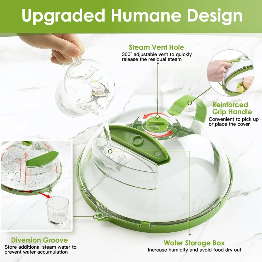Upgraded silicone steam cover with steam vent hole, reinforced grip handle, and diversion groove for water storage, designed for efficient cooking and food preservation.