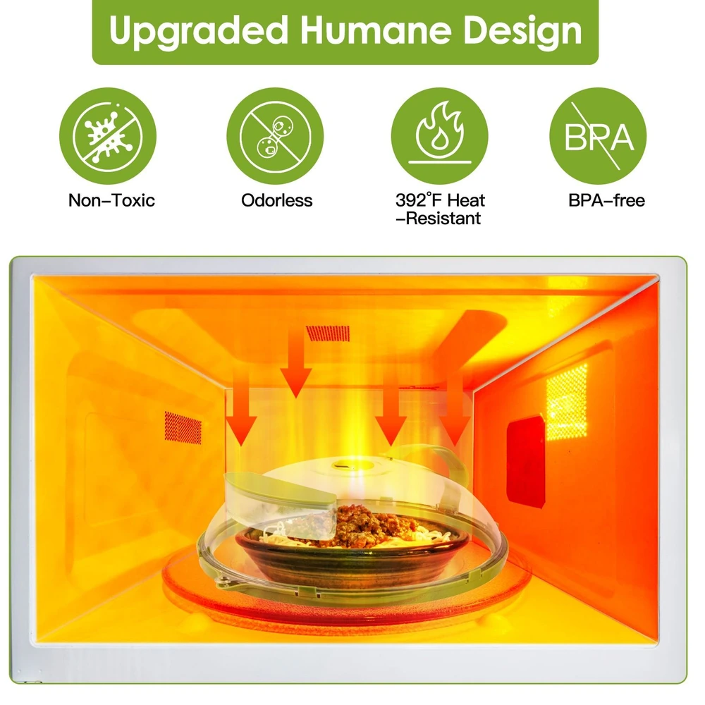 Microwave-safe food cover designed with upgraded humane features, highlighting its non-toxic, odorless, heat-resistant (up to 392°F), and BPA-free design, showcasing a plate of food inside a microwave.