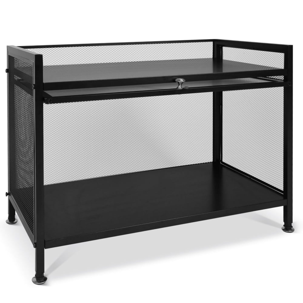 Metal mesh top workbench with adjustable height and sturdy black frame, ideal for industrial or home garage use.