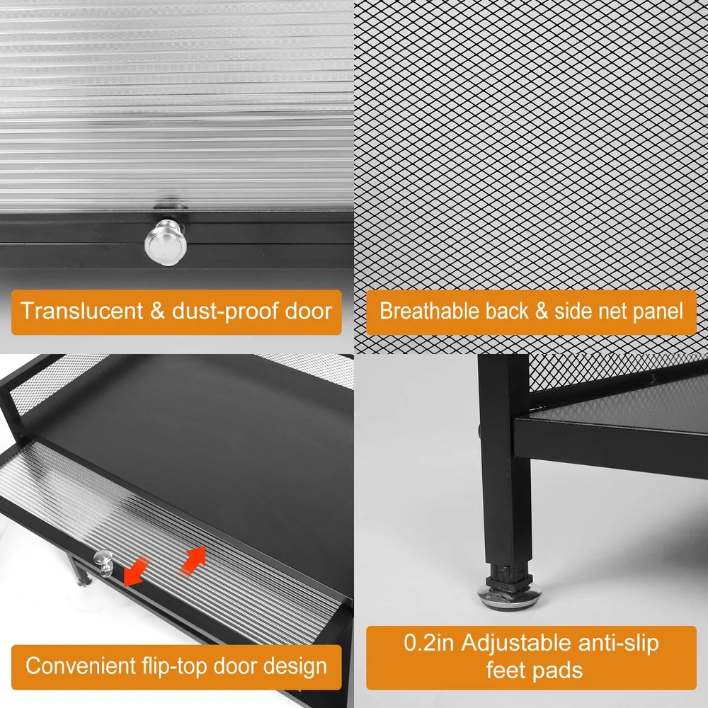 Product image detailing features of a metal cabinet: translucent dust-proof door, breathable mesh side panels, convenient flip-top door design, and adjustable anti-slip feet pads.