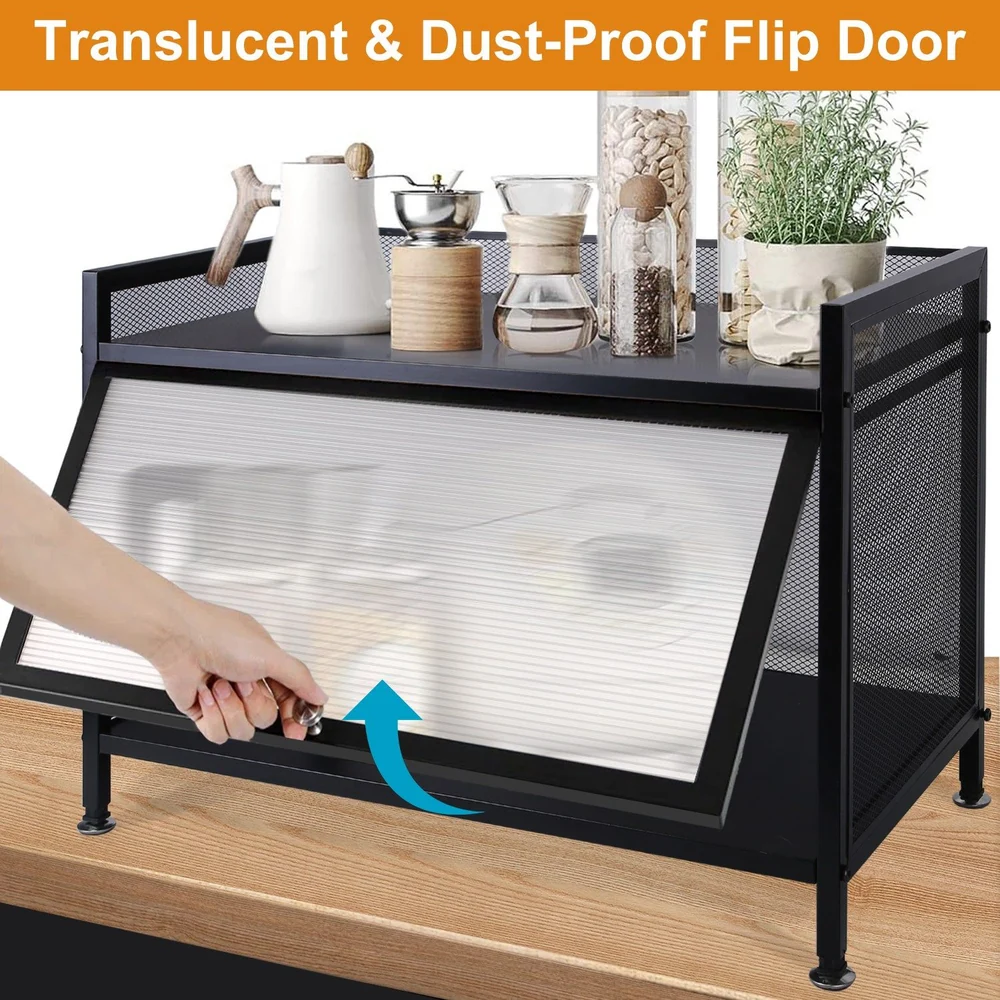 Hand reaching for a translucent, dust-proof flip door on a stylish storage container with various kitchen items, including jars and a plant, displayed on top.
