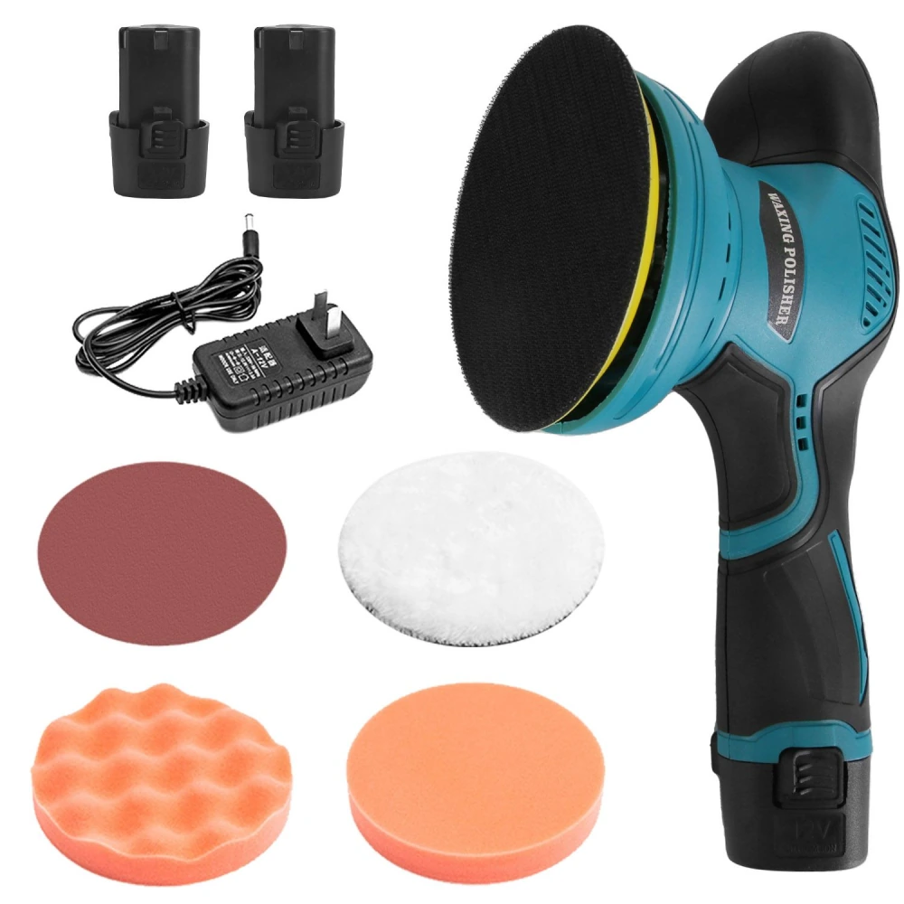 Powerful cordless car polisher with two rechargeable batteries, charger, and four interchangeable polishing pads in various textures for optimal paint finishing.
