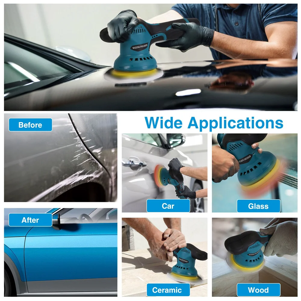 Cordless dual-action polisher in action, showcasing its versatility on car surfaces, glass, ceramic, and wood, with before-and-after comparisons demonstrating its effectiveness in restoring finishes.