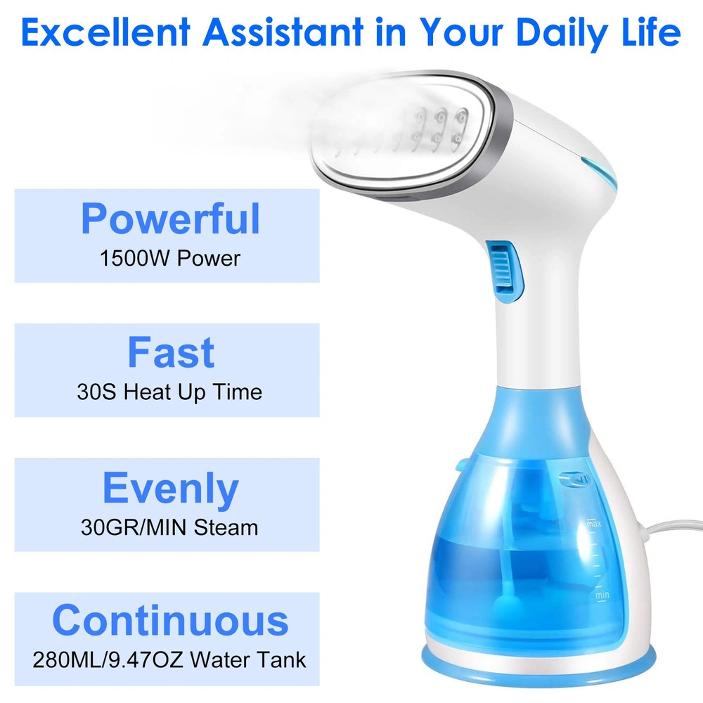 Handheld garment steamer with 1500W power, 30-second heat up time, 30g/min steam output, and 280ml water tank for efficient, wrinkle-free fabric care.