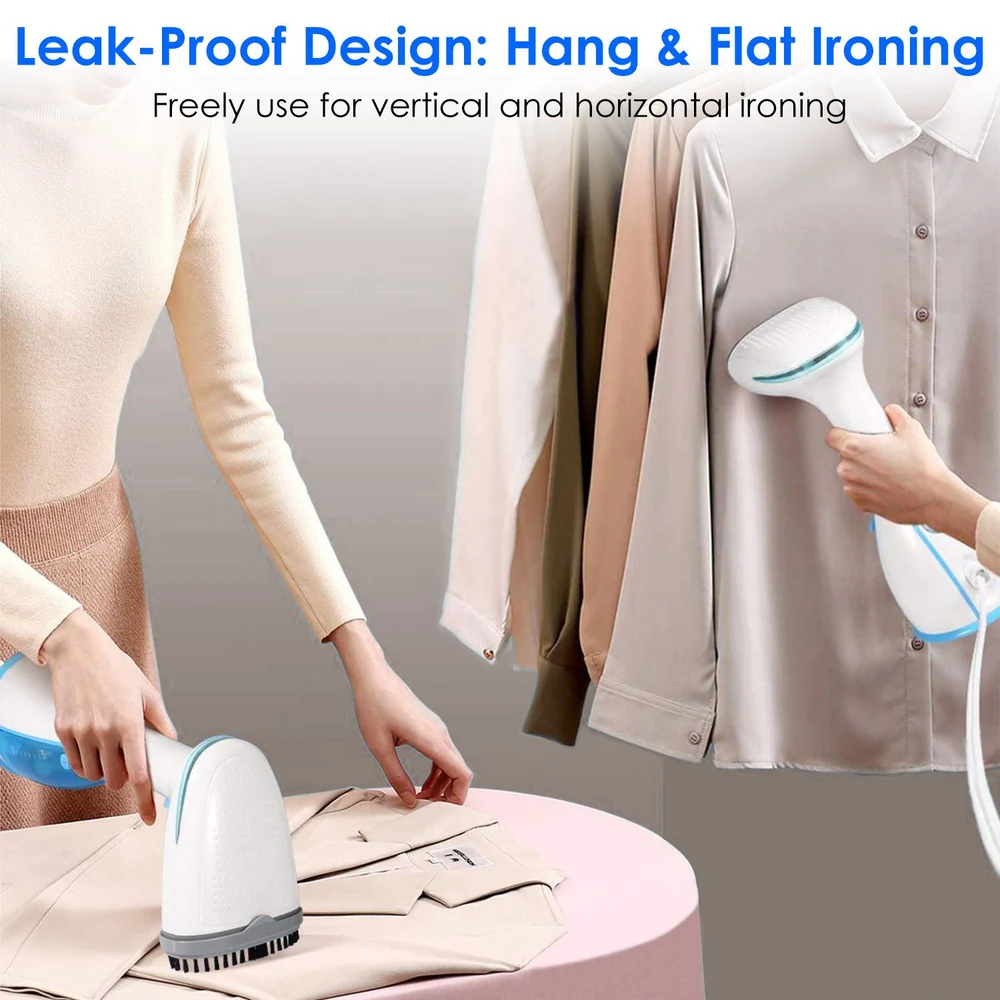 Handheld garment steamer demonstrating leak-proof design for vertical and horizontal ironing, featuring a user ironing a shirt on a table with additional shirts hanging nearby.