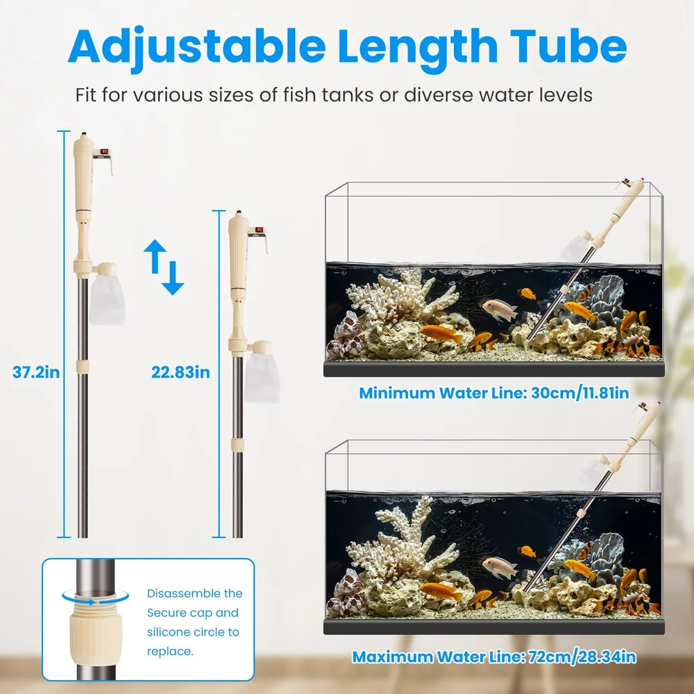 Adjustable length tube for fish tanks, showing two height options (37.2in and 22.83in) and compatibility with various water levels, along with an illustration of minimum and maximum water lines for optimal use.