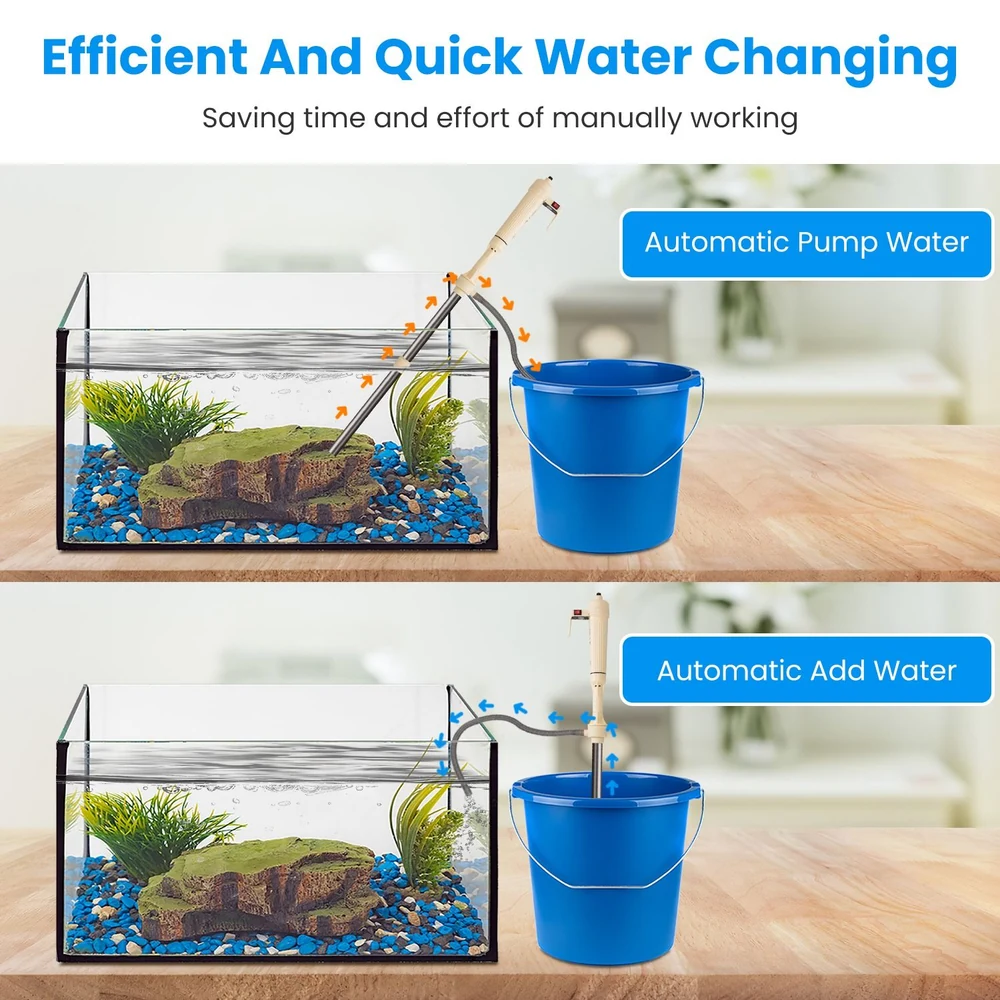 Automatic aquarium water changer system demonstrating water pumping and adding features, with a focus on efficiency and ease of use.