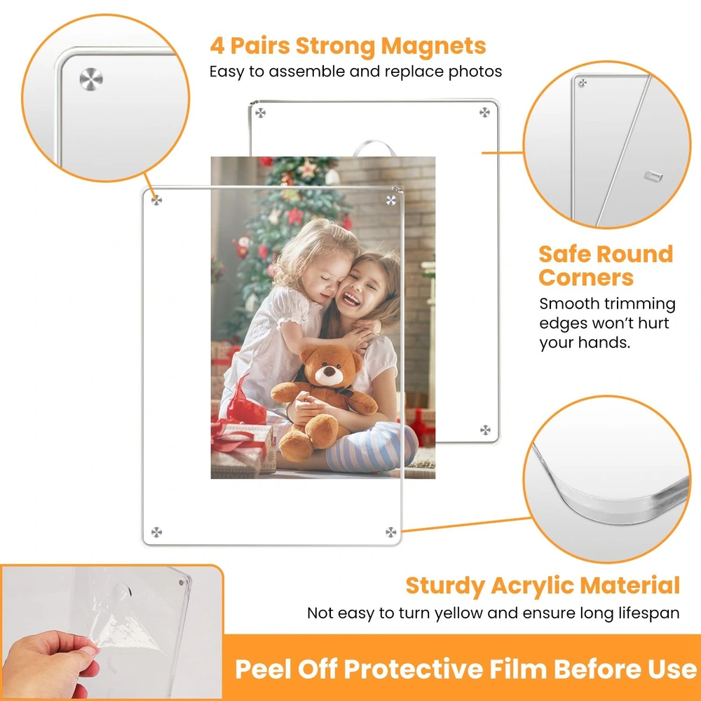 Magnetic photo frame with strong magnets, safe round corners, and sturdy acrylic material, designed for easy photo replacement and durability.