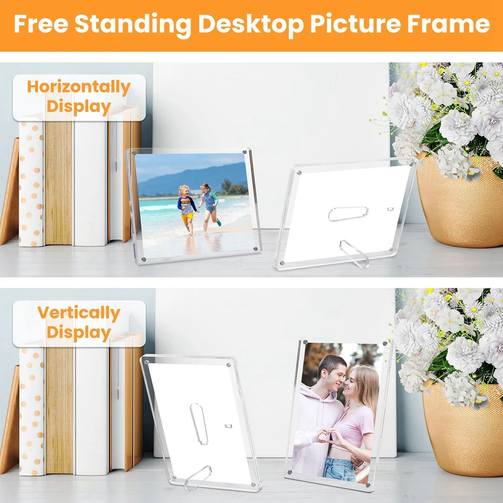 Free standing desktop picture frame displaying horizontal and vertical orientations, perfect for showcasing cherished memories on any desk or tabletop.