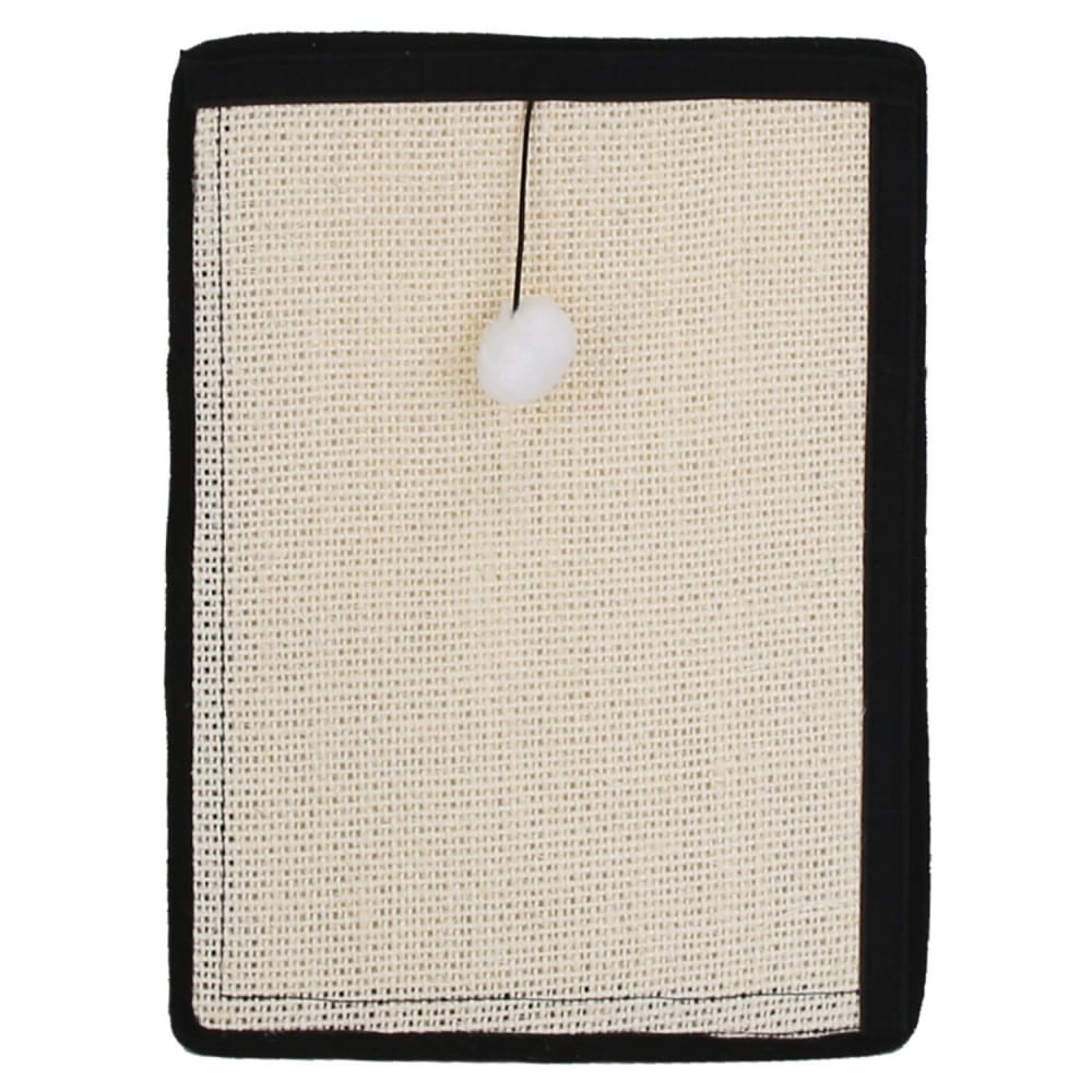 Natural woven cotton napkin holder with a black trim and a white decorative ball accent. Ideal for organizing napkins in home or restaurant settings.