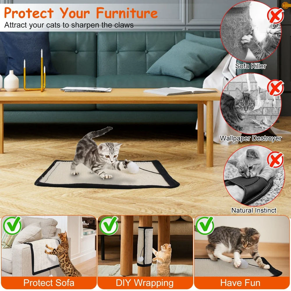 Cat scratching mat designed to protect furniture while providing a fun play area for cats, featuring a playful kitten and tips for preventing furniture damage.
