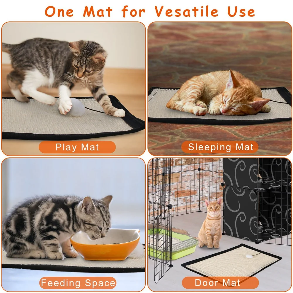 Cat mat featuring multiple uses: play, sleep, feeding, and door mat, with playful tabby and ginger cats showcased in each section.