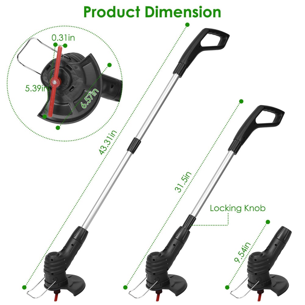 Product dimensions diagram for an adjustable electric weed trimmer, showcasing its ergonomic design with measurements for the head, handle, and overall length, emphasizing versatility and ease of use.