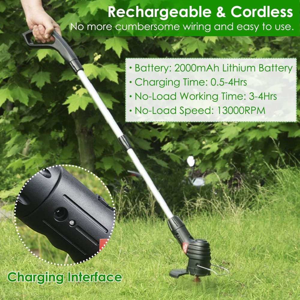 Image of a cordless battery-operated trimmer being used for lawn care, featuring a 2000mAh lithium battery, charging interface, and reinforced handle design for easy grip and maneuvering in grass.