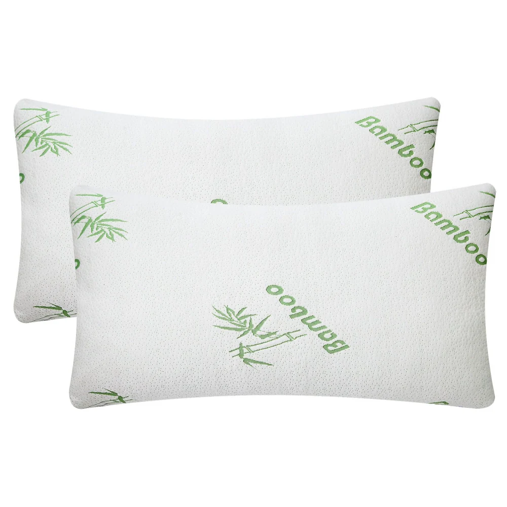 Set of two bamboo memory foam pillows with breathable, white covers featuring green bamboo leaf designs.
