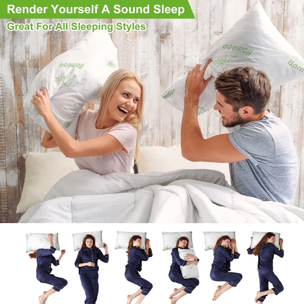 Couple playfully pillow fighting in bed showcasing comfortable bamboo pillows, with various sleeping positions displayed below, highlighting versatility for all sleep styles.
