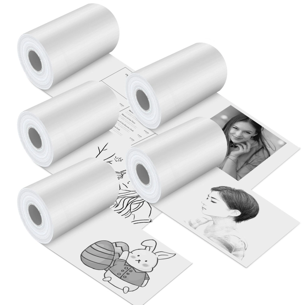 Rolls of white paper for printing, displayed alongside black and white printed images and sketches, including a cute bunny illustration, ideal for arts and crafts projects.