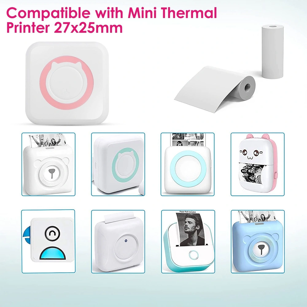 Mini thermal printer accessories and compatible printer models with various designs, including a pink and white bear-shaped printer, detailed features, and paper roll for printing, designed for 27x25mm paper sizes.