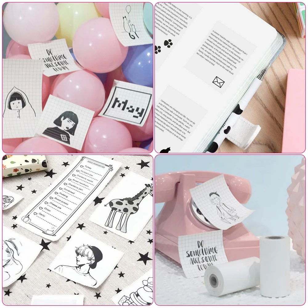Colorful balloon backdrop featuring cute, black-and-white doodles and illustrations on sticky notes, alongside a pink retro telephone and a decorative vase, showcasing creative stationery and playful designs.