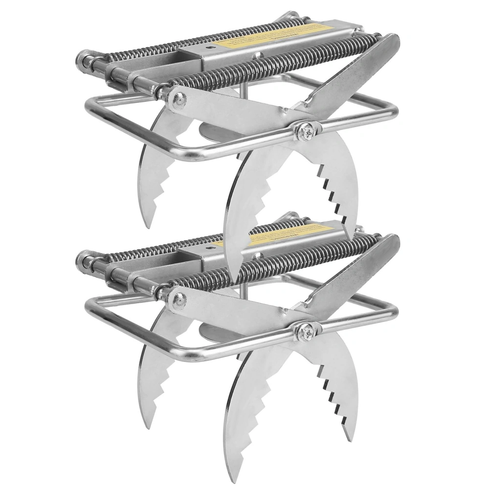 Stainless steel animal trap with dual spring-loaded jaws and serrated edges, designed for effective pest control.