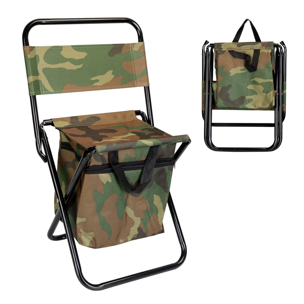 Compact camo folding chair with a padded seat and detachable storage bag, suitable for outdoor activities and camping.