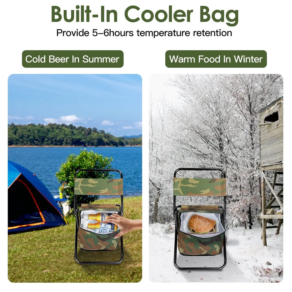 Camouflage chair with a built-in cooler bag for outdoor use, featuring cold beer on the left and warm food on the right, highlighting seasonal versatility for summer and winter activities.