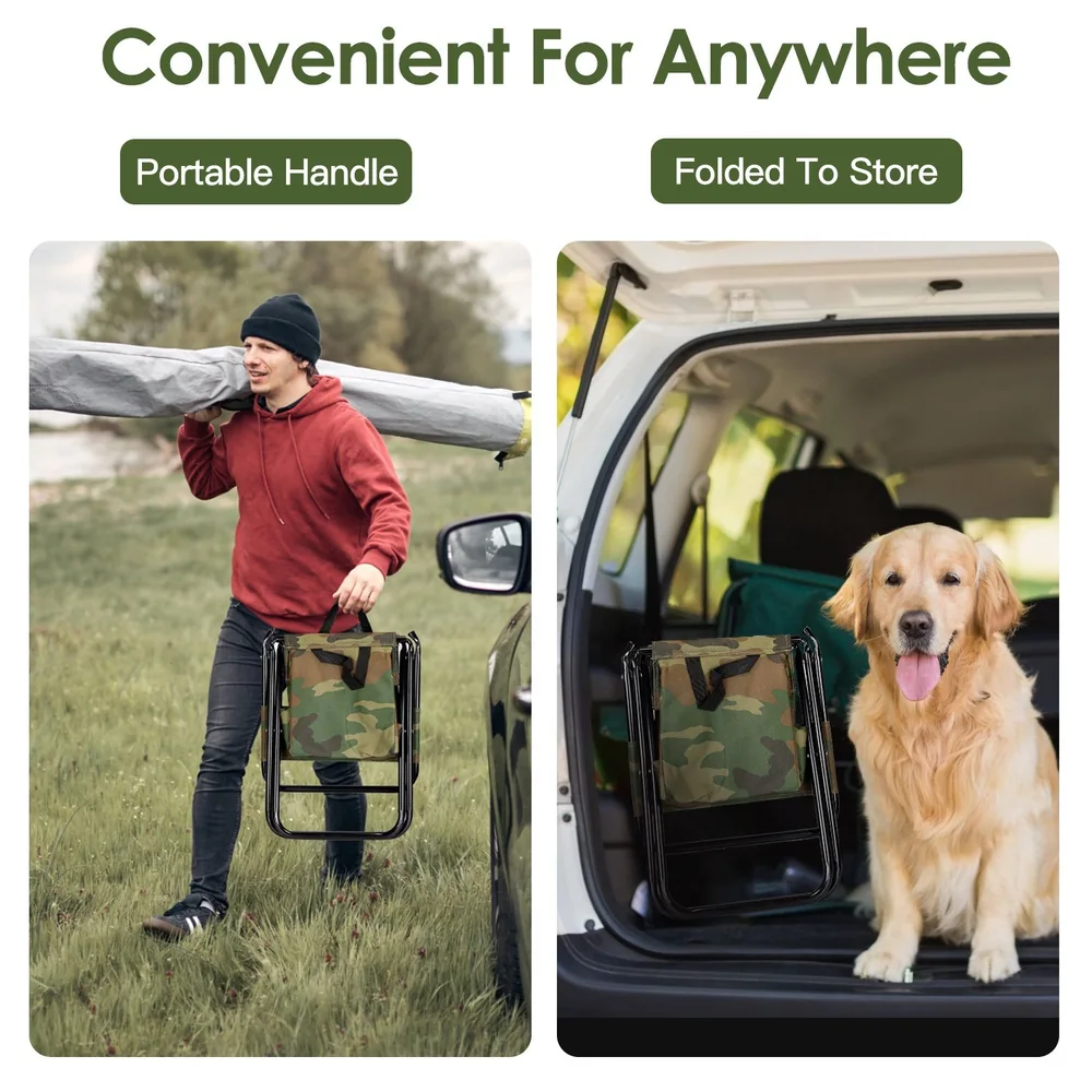 Compact folding camping chair with a portable handle, shown in use outdoors and stored inside a car, perfect for on-the-go convenience and outdoor activities.