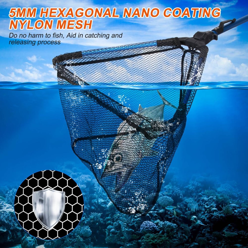 5mm hexagonal nano coating nylon mesh fishing net underwater, safely capturing a fish while minimizing harm, against a backdrop of vibrant coral reef.