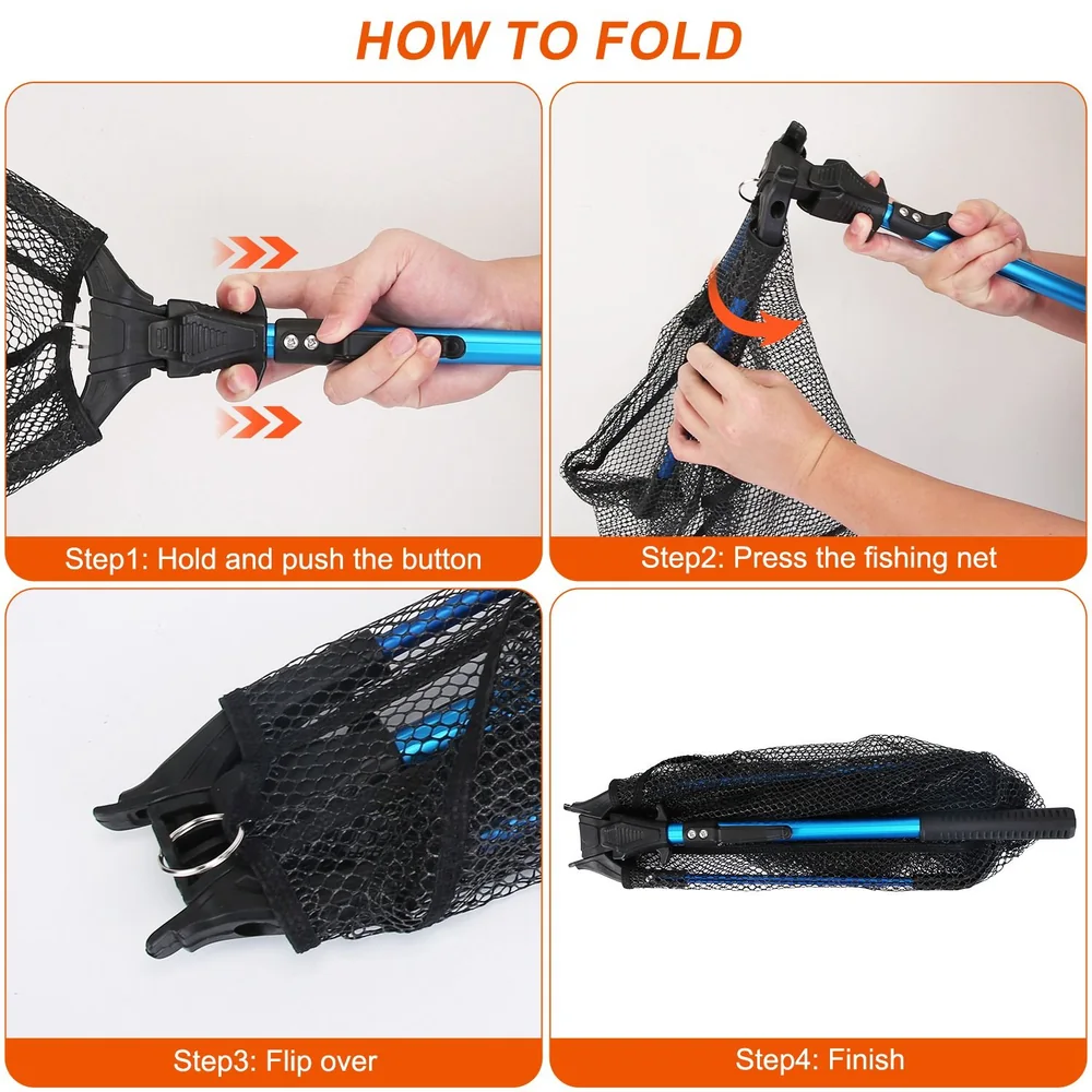 Step-by-step folding instructions for a portable fishing net, demonstrating how to hold the handle, press the button, flip the net, and securely finish the folding process.