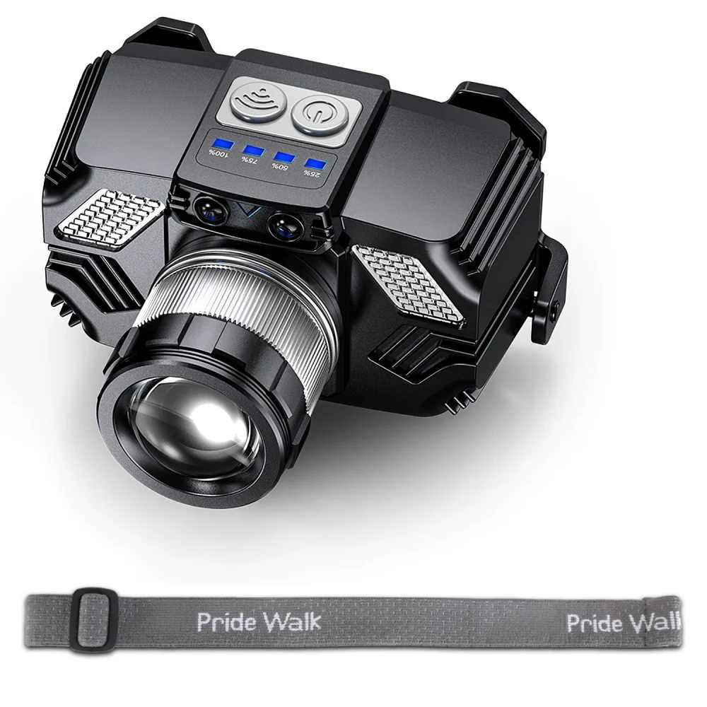 Compact black camera with advanced controls and a prominent lens, accompanied by a gray Pride Walk strap for easy handling.