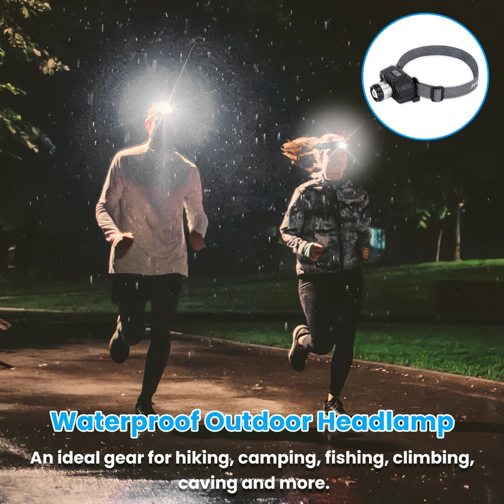 Close-up of a waterproof outdoor headlamp worn by two runners in the rain at night, ideal for hiking, camping, fishing, climbing, caving, and other outdoor activities.