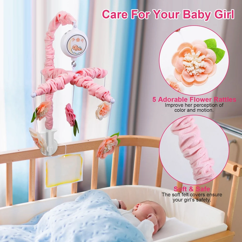 Baby girl mobile with five plush flower rattles, soft pink fabric, and safe design, enhancing visual stimulation and playtime for infants.