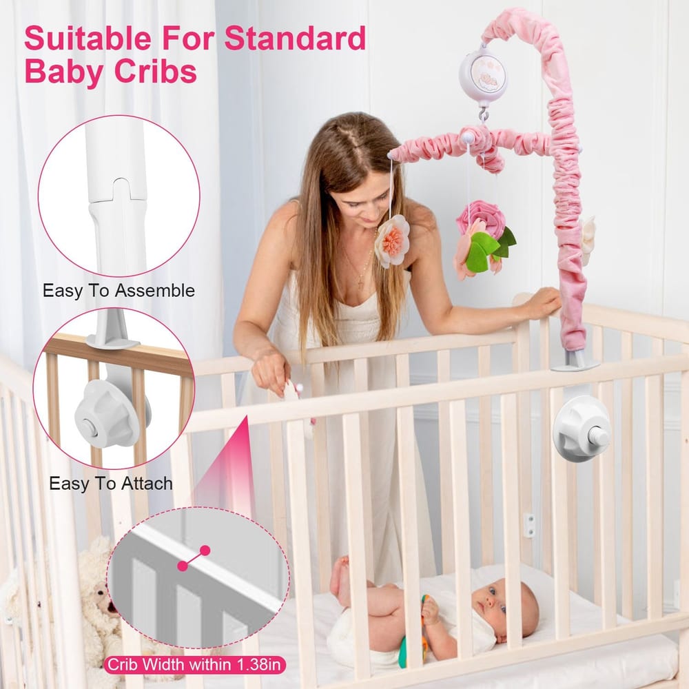 Woman assembling a baby crib mobile, showcasing easy installation features and compatibility with standard cribs, while a baby lies peacefully in the crib.