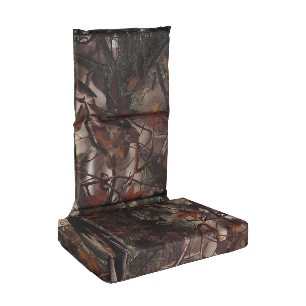 Camo-patterned outdoor cushion with backrest for hunting or camping seating comfort.