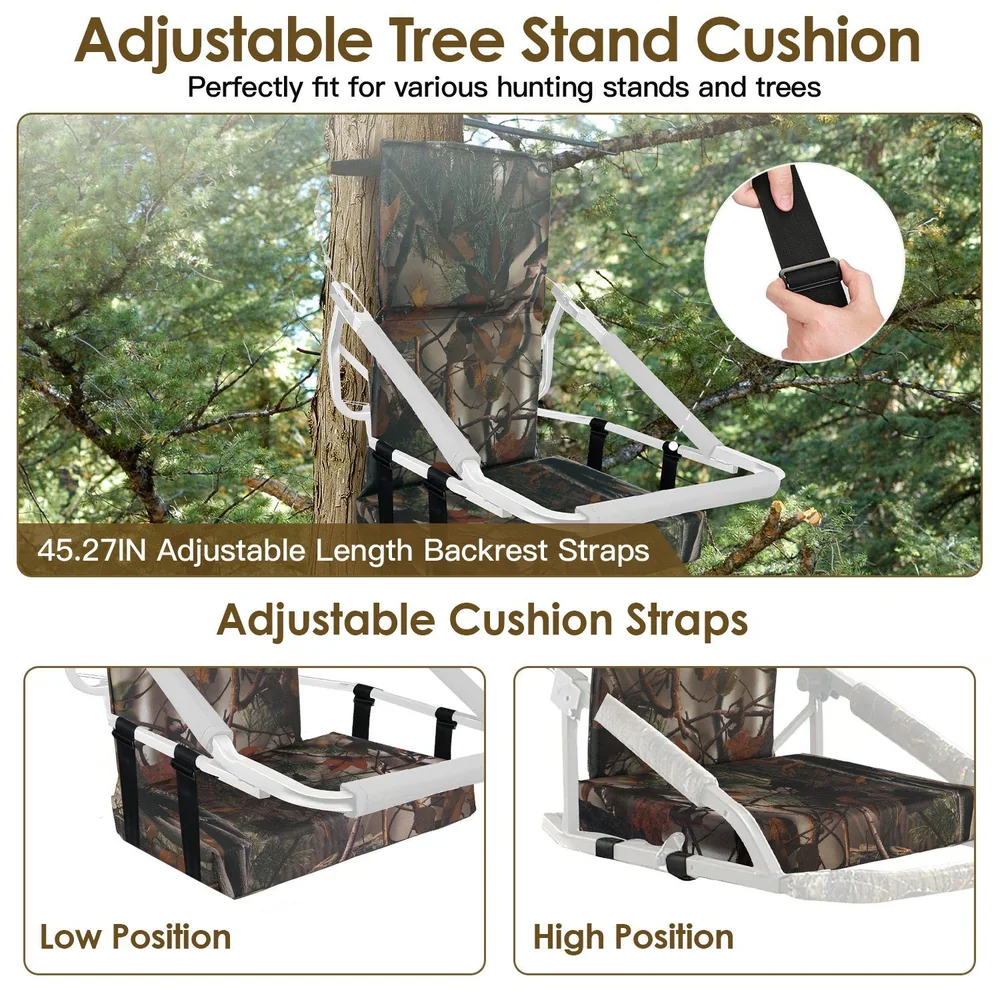 Adjustable tree stand cushion featuring 45.27-inch backrest straps and comfortable cushioning for optimal support during hunting, shown in low and high position settings.