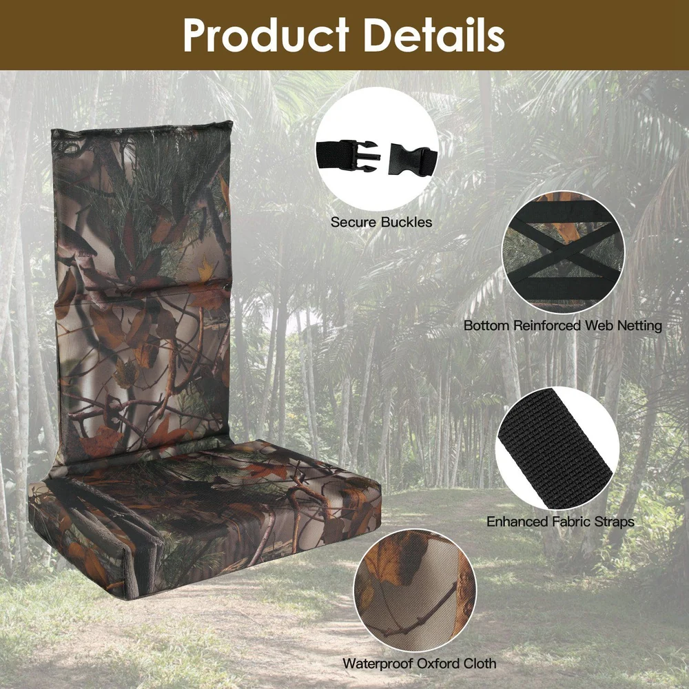 Camouflage outdoor chair with secure buckles, reinforced web netting, enhanced fabric straps, and waterproof Oxford cloth, ideal for camping or hunting.