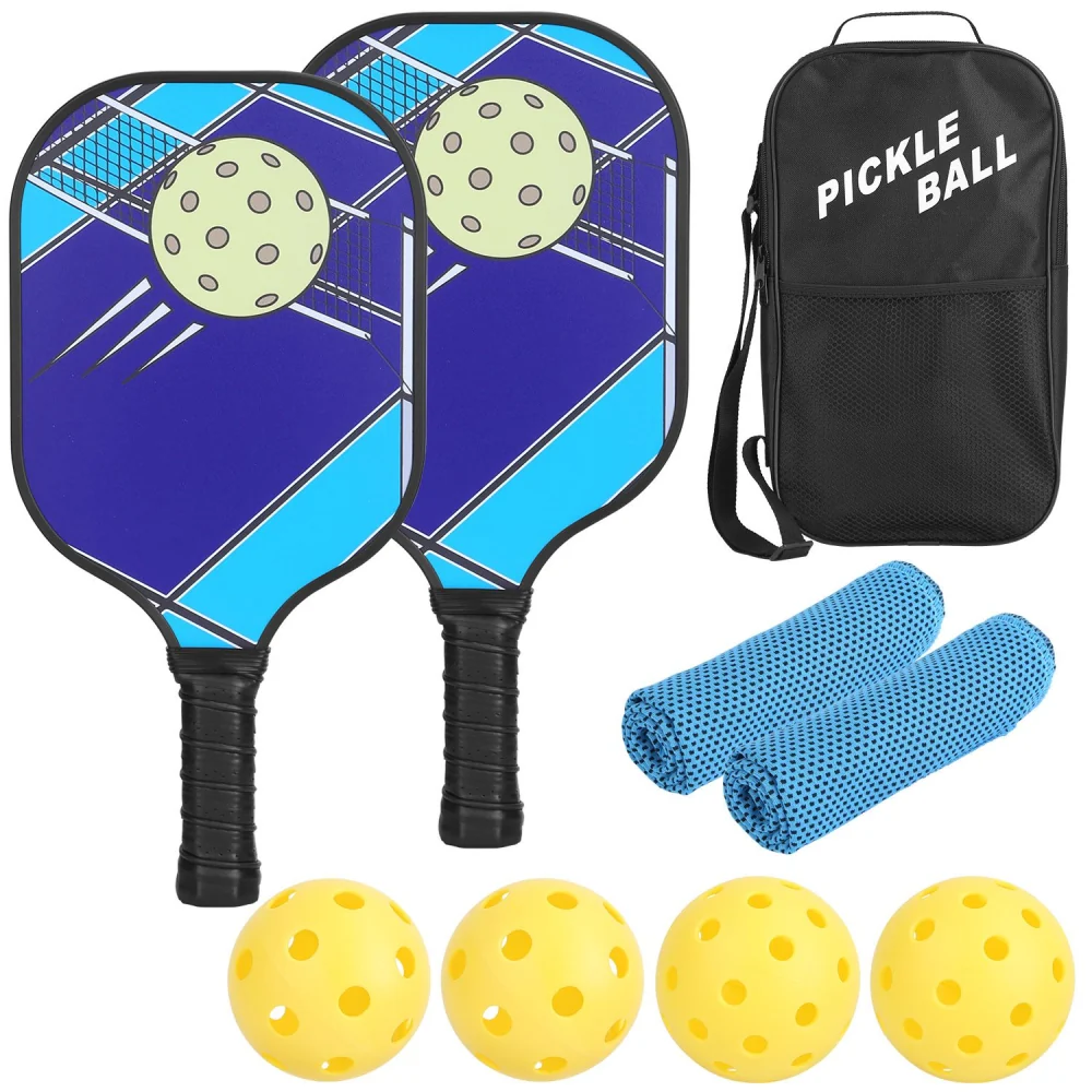 Pickleball set featuring two paddles with a blue and purple design, three yellow pickleball balls, and a black carrying bag labeled 'Pickle Ball.'