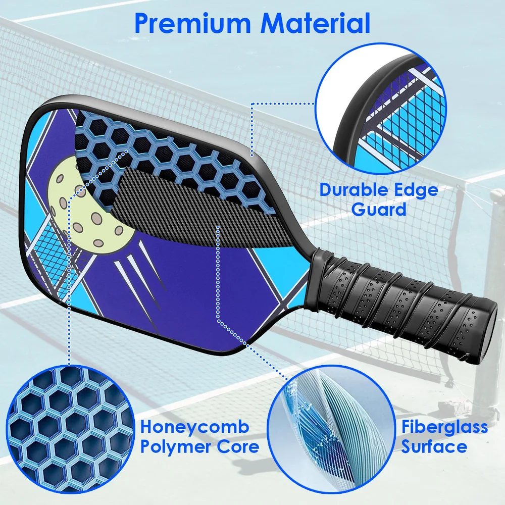 Colorful pickleball paddle featuring a honeycomb polymer core, fiberglass surface, and durable edge guard, designed for optimal performance on the court.